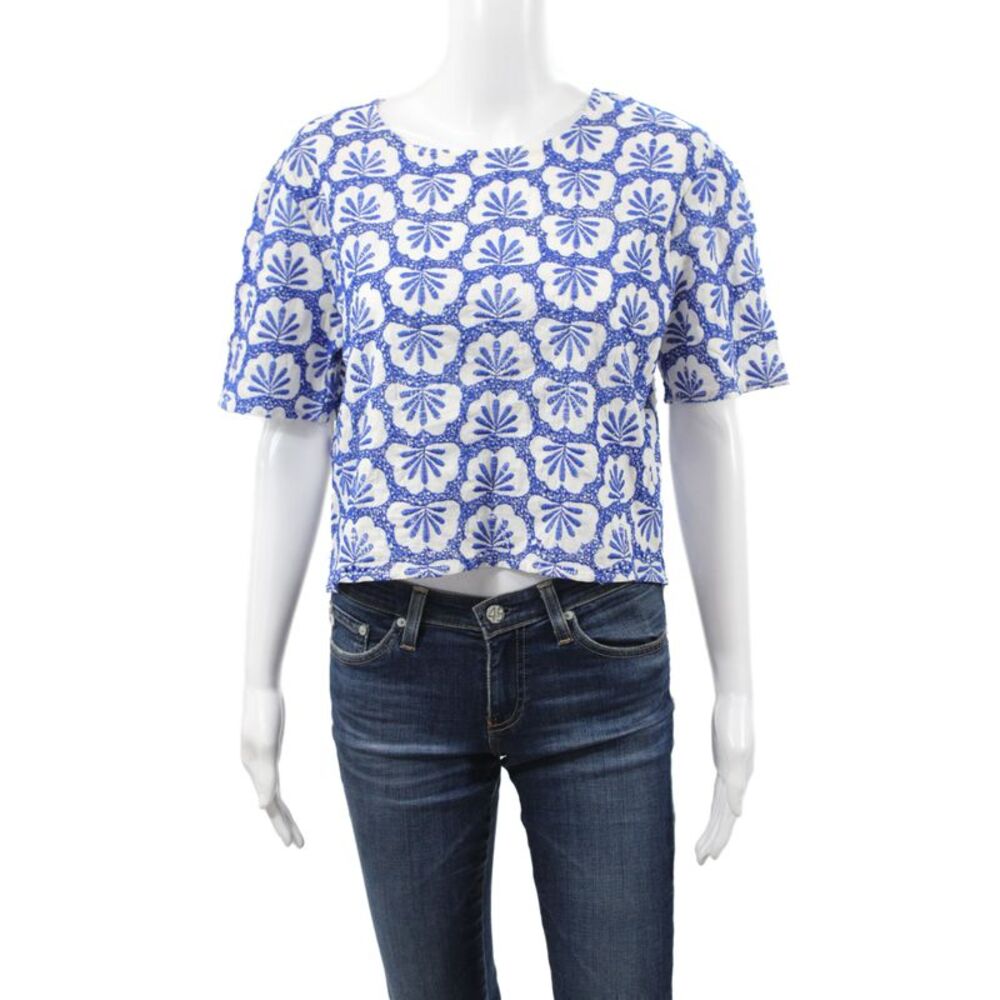 Muche Et Muchette Women Cropped Blue Cotton Geometric Blouse Size 2